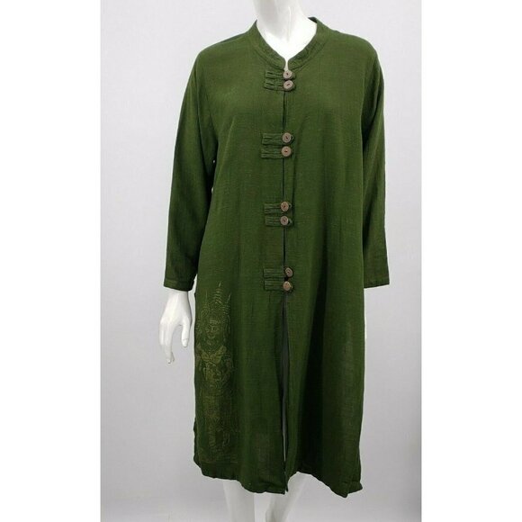 Endless Knot Art Jacket Womens Small Tibetan Goddess Print Tunic Green Linen - Picture 3 of 7